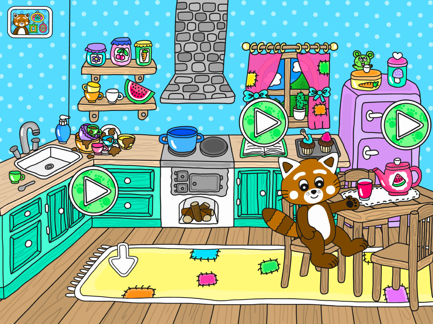 Hälsa på i Pukkins kök i Pukkins hus en rolig mobilapp för barn