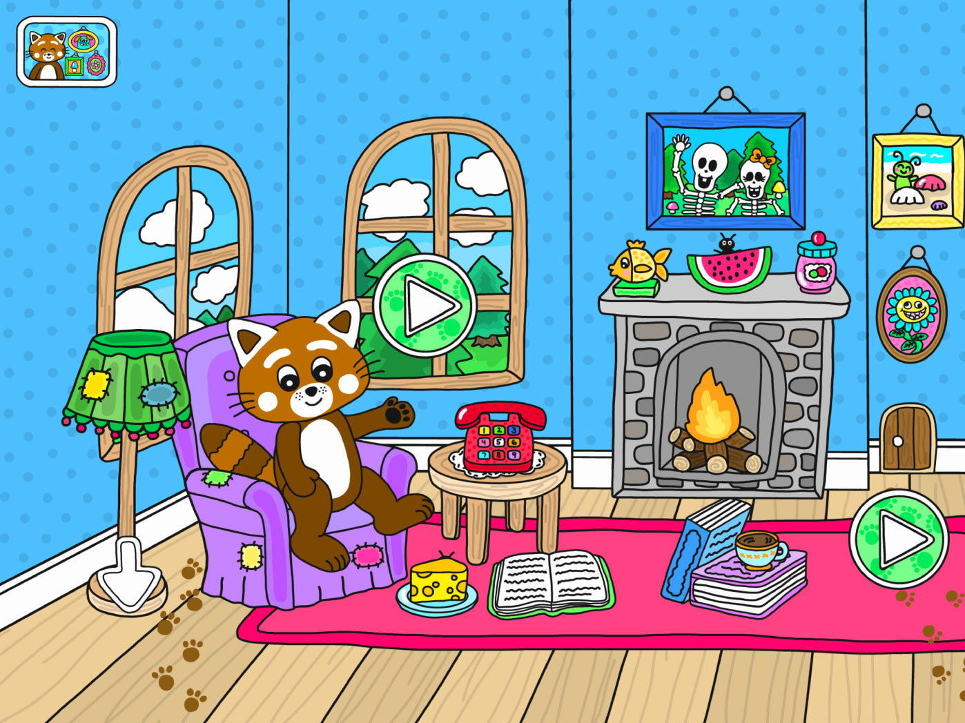  Hälsa på i Pukkins vardagsrum i Pukkins hus en rolig mobilapp för barn