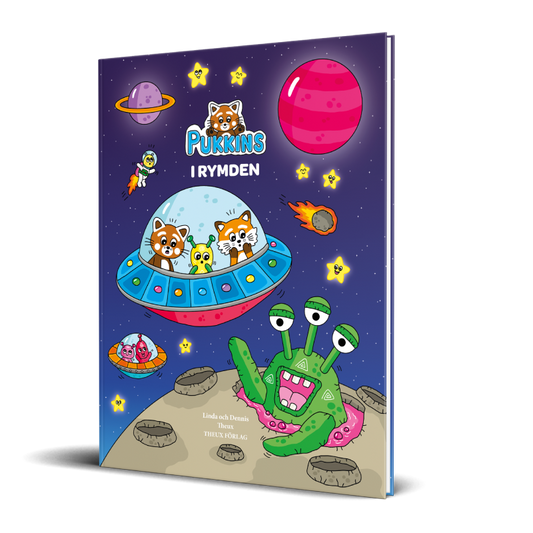 Omslaget på barnboken Pukkins i rymden av Linda och Dennis Theux
