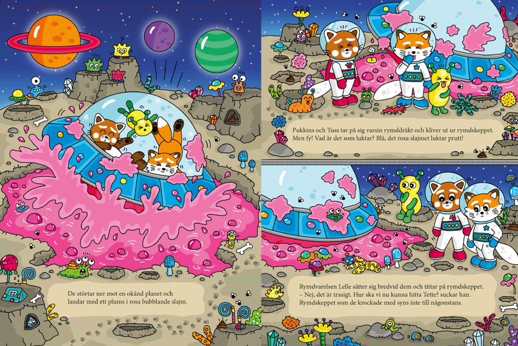 Pukkins i rymden, en rolig bok för barn, uppslag ur boken där Pukkins och Tuss landar på en planet