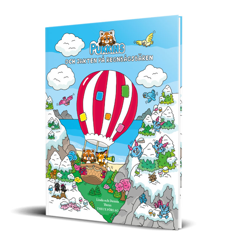 Omslag på barnboken Pukkins och jakten på regnbågsbären av Linda och Dennis Theux