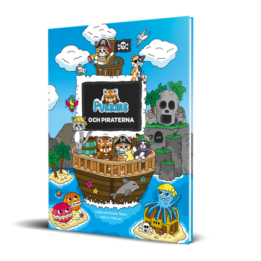 Omslag på barnboken Pukkins och piraterna av Linda och Dennis Theux