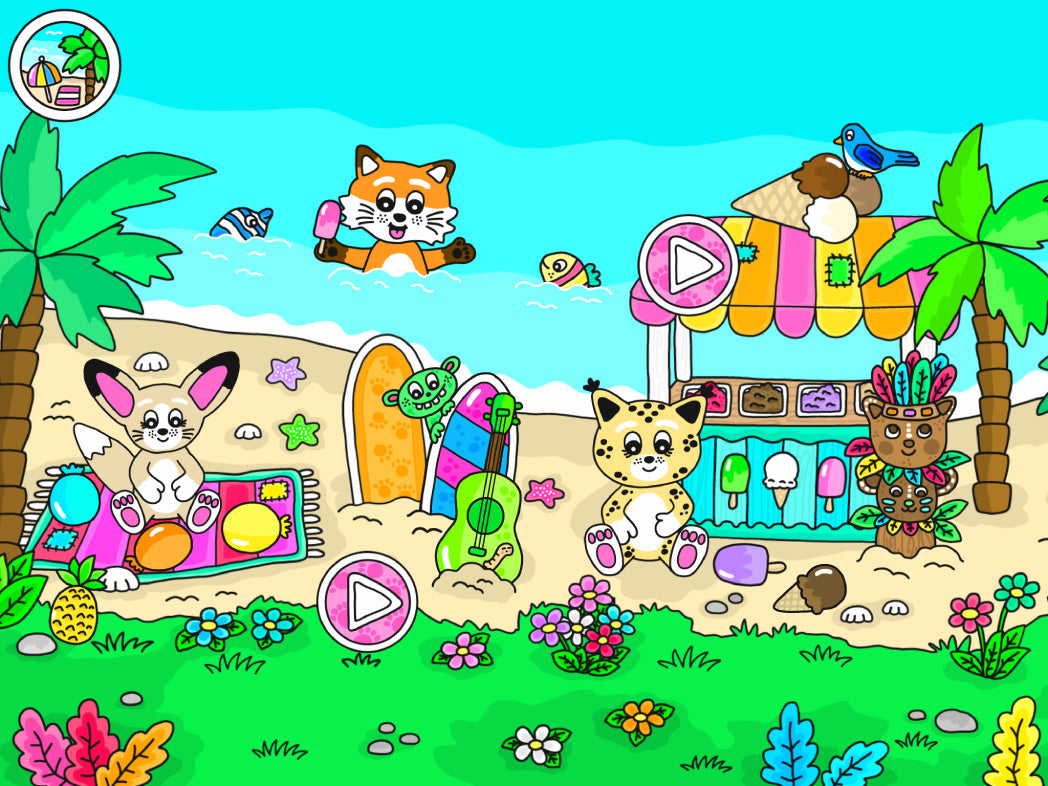 Pukkins kompisar på stranden i Pukkins sommar en pedagogisk rolig app för barn
