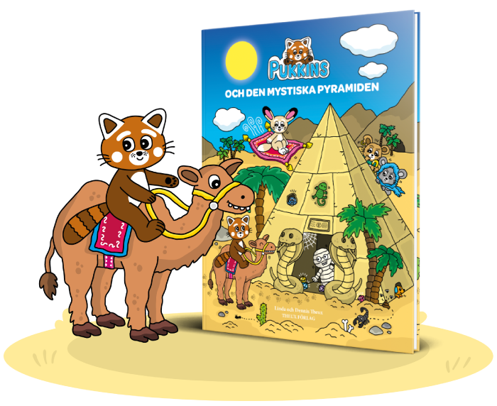 Pukkins sittandes på en kamel bredvid boken Pukkins och den mystiska pyramiden