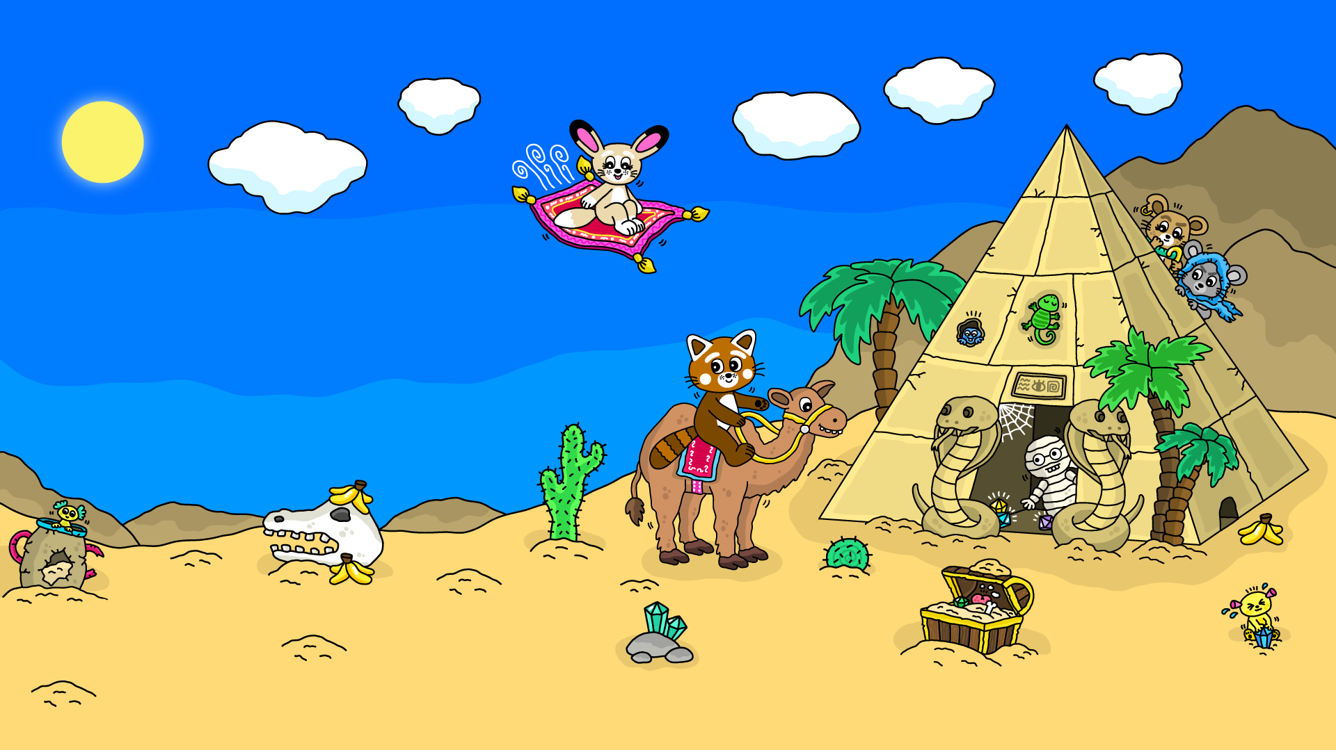 Pukkins, den röda pandan, rider på en kamel framför en pyramid i öknen – illustration ur boken ”Pukkins och den mystiska pyramiden” för barn 3–6 år.